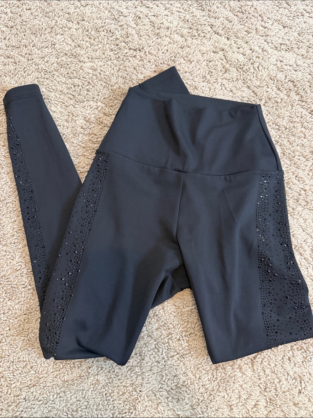 Black High-Waist Leggings with Side Rhinestone Detail